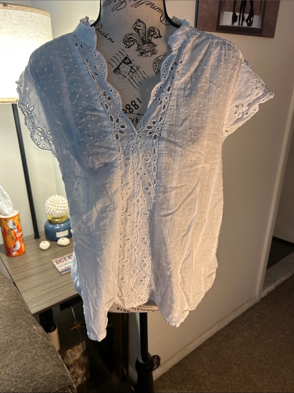 Eyelet V-Neck White Women's Blouse